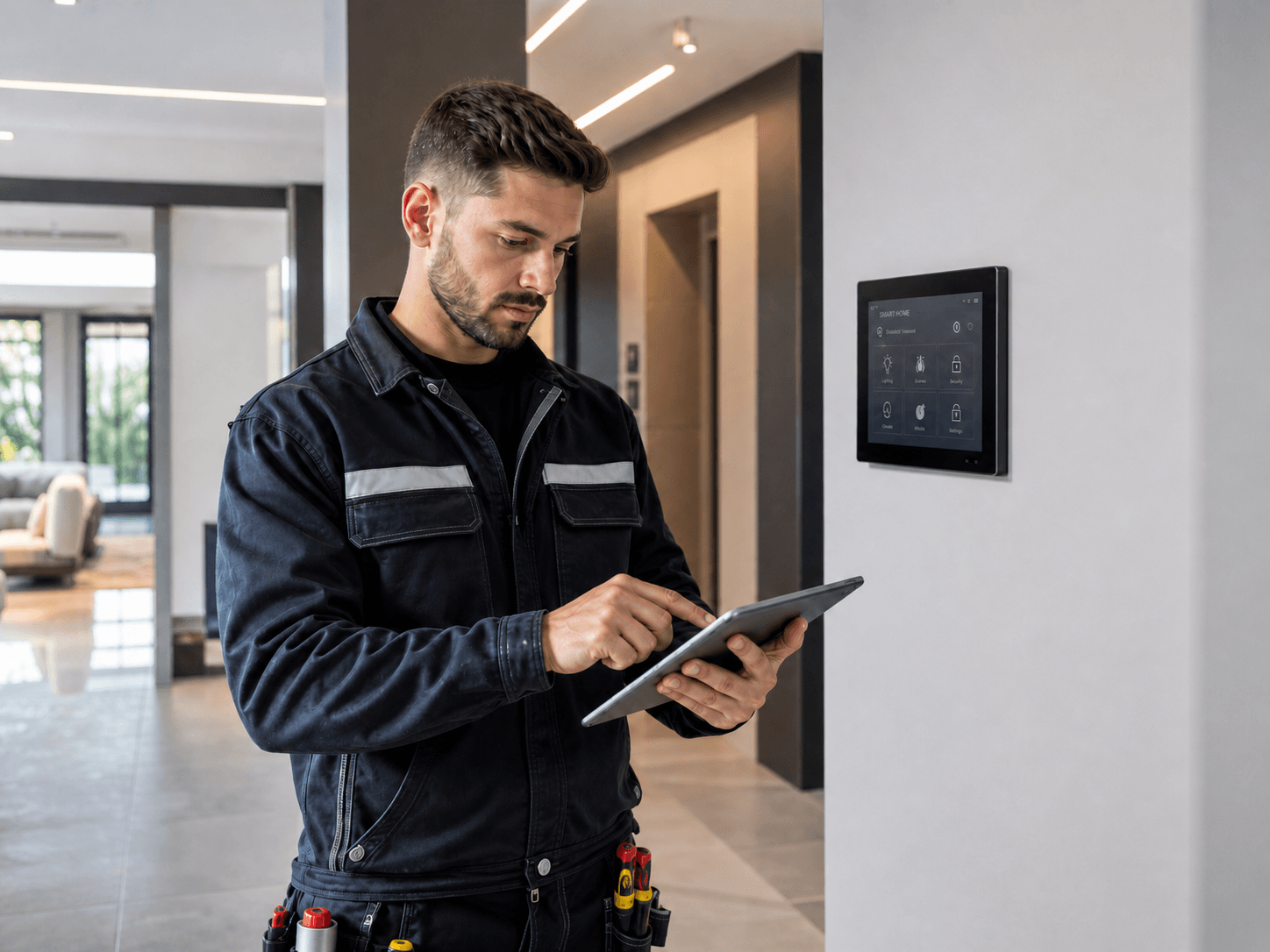 Elektriker mit Tablet vor einem Smart-Home-Bedienpanel im Eingangsbereich eines Bestandshauses.